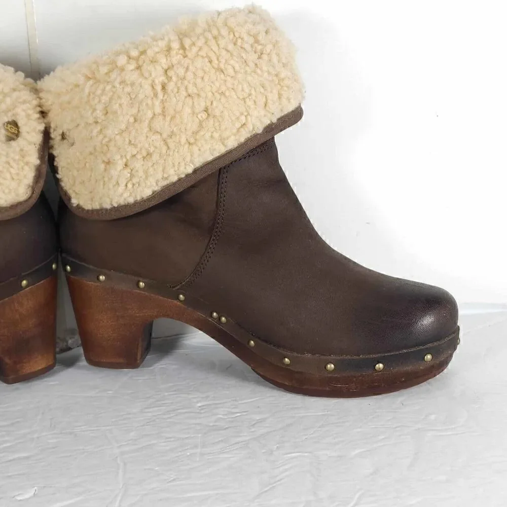 UGG Women's Lynnea US 7 Fold Over Leather Brown Shearling Cuff Clog Boot